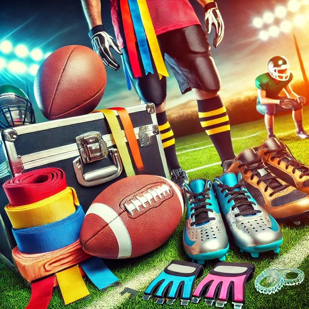 Flag football gear including a jersey, flag belt, and cleats