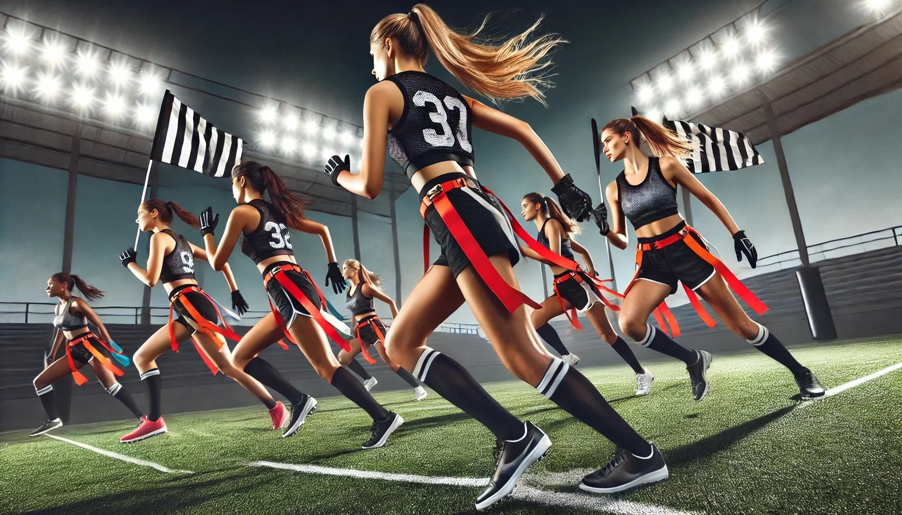 Girls' flag football team in custom uniforms
