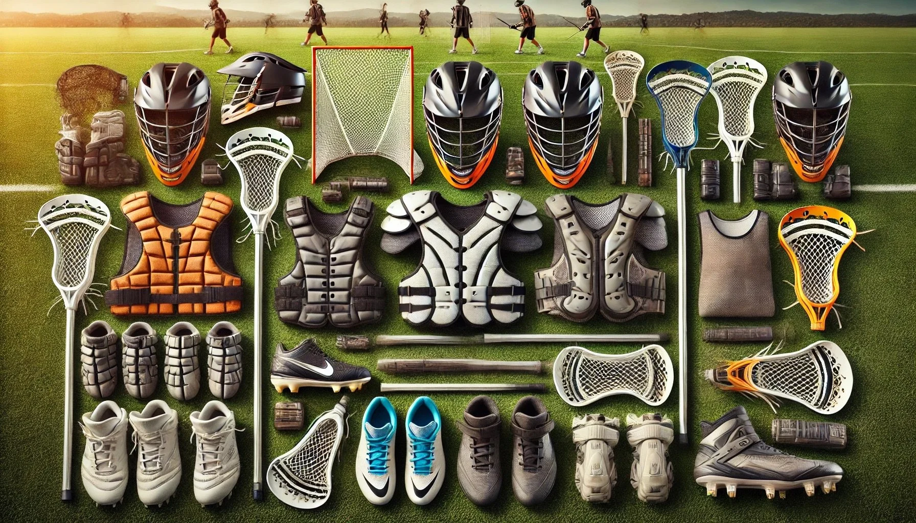 Lacrosse equipment laid out — helmet, stick, gloves, and pads