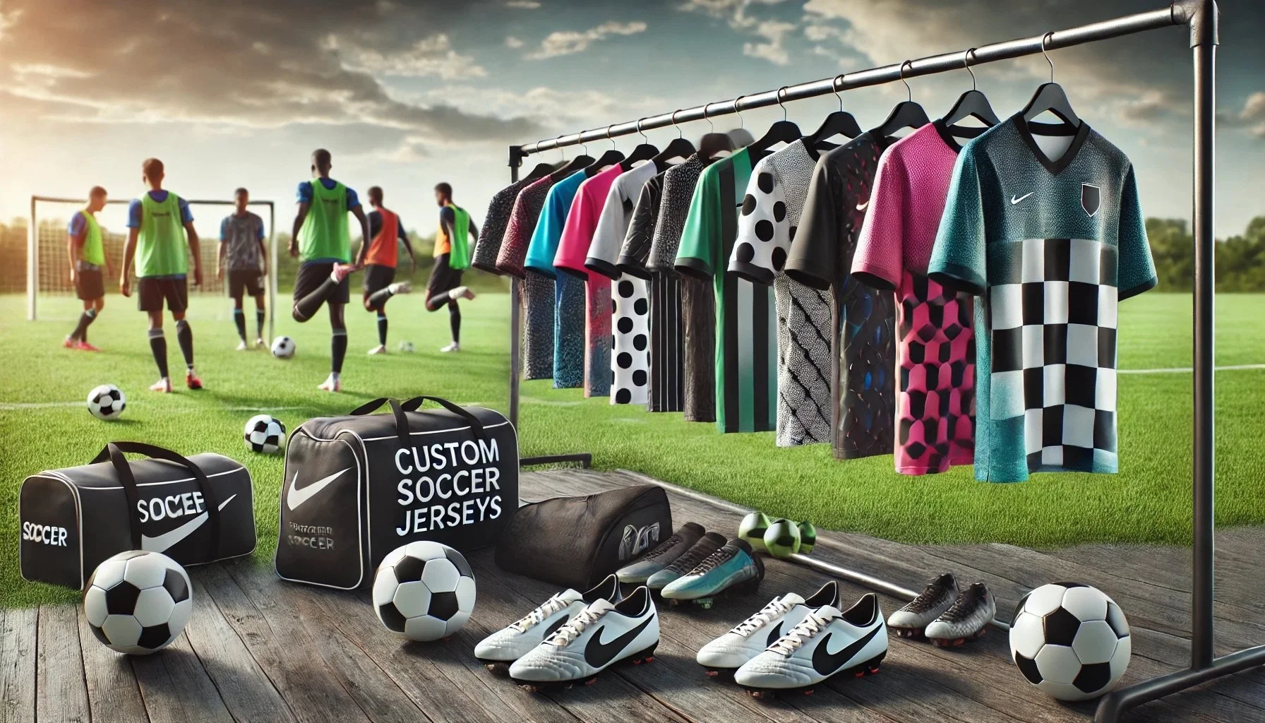 A close-up of custom soccer jerseys ready for a team